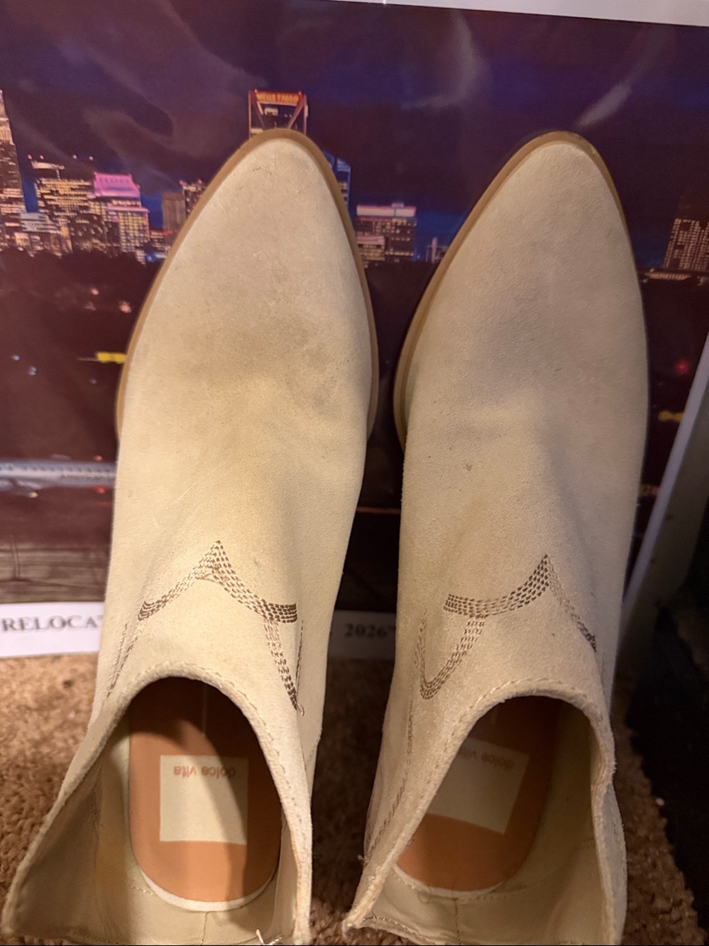 Women's Dolce Vita Cream Suede Western Ankle Bootie with Stacked Heel